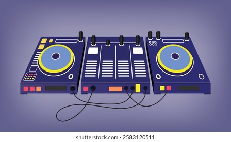 Flat DJ mixer illustration with knobs, sliders, and buttons, perfect for music and party themes