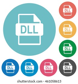 Flat DLL file format icon set on round color background.