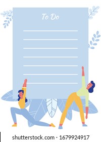 Flat To Do List with Beautiful Sporty Cartoon Women Characters Doing Yoga and Stretching Exercises. Empty Blank Checklist for Active Ladies. Creative Foliage Simple Design. Vector Illustration