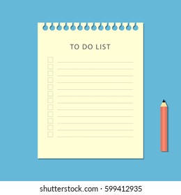 Flat to do list and pencil on blue background. Vector illustration