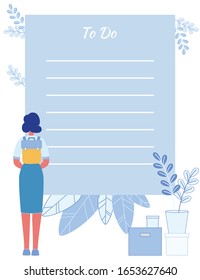 Flat To Do List Reminder for Student with Simple Design. Beautiful Girl with Backpack Standing with her Back over Foliage and Empty Blank Lines. Organizer, Planner Mockup. Vector Cartoon Illustration