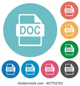 Flat DOC file format icon set on round color background.