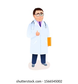 Flat doctor character in lab coat with stethoscope, medical folder, thumb up ok gesture isolated on white background. Cartoon young smiling happy physician in uniform. Healthcare vector illustration.