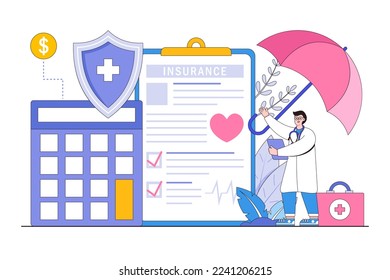 Flat doctor characters stand near health insurance contract concept. Outline design style minimal vector illustration for landing page, web banner, infographics, hero images.