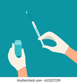 Flat  Doctor hands in medical gloves press syringe ready to inject shot vector illustration. Vaccination or medical injection image. Healthcare, Medical concept.
