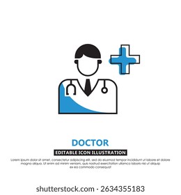 Flat doctor icon with stethoscope and medical cross. Editable vector for healthcare, hospital, and medical services design