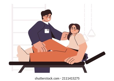 Flat Doctor Physiotherapy Help Patient To Recover Leg, Knee After Injury. Physical Therapy Specialist Improve Regain Joint Mobility After Surgery. Treatment And Rehab In Rehabilitation Center Concept.