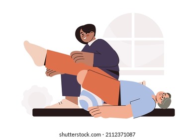 Flat doctor physiotherapy and patient after limb amputation do exercise on therapeutic ball. Physical therapy specialist help to recovery leg after surgery. Rehab in medical rehabilitation hospital. svg