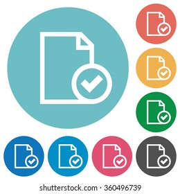 Flat document accepted icon set on round color background.