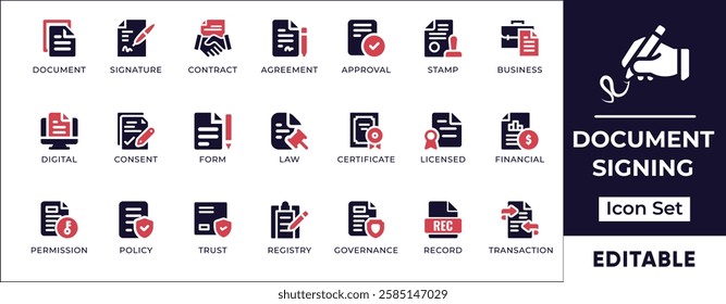 Flat document signing icon set featuring contract approvals, legal agreements, electronic signatures, paperwork authentication, and official documentation. Perfect for business and corporate projects.