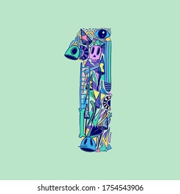 Flat doddle illustration 1. Latin numbers. Signs in line flat style. Cute modern illustration capital numbers. Vector trendy flat line figures urban street art