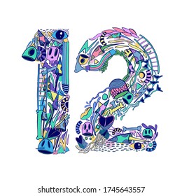 Flat doddle illustration 12. Latin numbers. Signs in line flat style. Cute modern illustration capital numbers. Vector trendy flat line figures urban street art