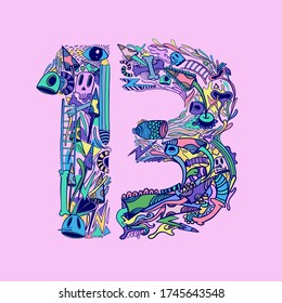 Flat doddle illustration 13. Latin numbers. Signs in line flat style. Cute modern illustration capital numbers. Vector trendy flat line figures urban street art
