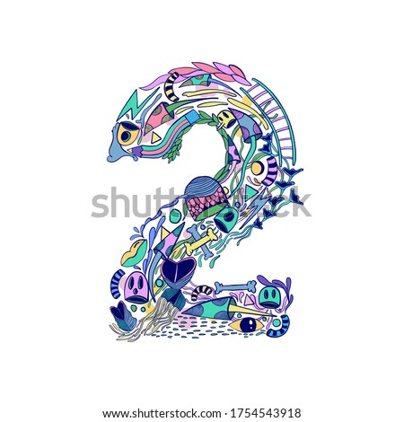 Flat doddle illustration 2. Latin numbers. Signs in line flat style. Cute modern illustration capital numbers. Vector trendy flat line figures urban street art