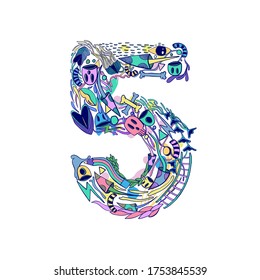Flat doddle illustration 5. Latin numbers. Signs in line flat style. Cute modern illustration capital numbers. Vector trendy flat line figures urban street art