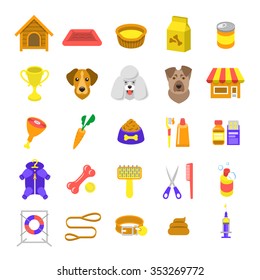 Flat dog care vector colorful web icons, isolated on white. Simple conceptual bright colors symbols of nutrition, grooming and accessories of dogs. Pets logo, pictogram, infographic elements