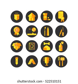 Flat dog care vector web icons. Flat style using two colors. Simple flat conceptual symbols of nutrition, grooming and accessories of dogs. Flat vector related icon set for web and mobile applications.