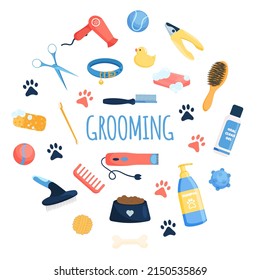 Flat dog and cat grooming tools set in circular shape. Vector pet care equipment elements isolated on white background. Shampoo, combs, toys and tools for wool care. 