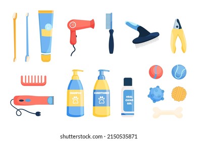 Flat dog and cat grooming tools for wool and tooth care isolated on white background. Vector pet care equipment elements. Cosmetic bottles, toothbrush, toothpaste and favorite toys.