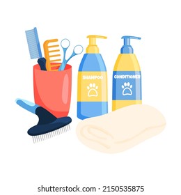 Flat dog and cat grooming tools and cosmetics for wool care isolated on white background. Shampoo, conditioner, combs, scissors vector illustration.