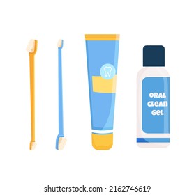 Flat dog and cat grooming tools for behind the mouth care isolated on white background. Toothbrush, toothpaste, tooth gel. Vector pet tooth care equipment elements. 