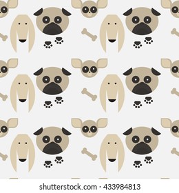 flat dog characters set, cartoon pet animal collection chihuahua, pug and afgan greyhound seamless