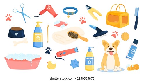 Flat dog grooming tools set isolated on white background. Vector pet care equipment elements. Shampoo, combs, toys and tools for wool care. 