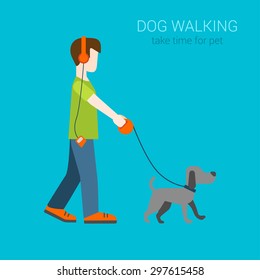 Flat Dog Walking Boy In Headphones Listening Music. Creative People Collection.