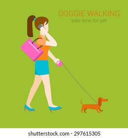 Flat dog walking girl with dachshund on collar talking phone. Creative people collection.