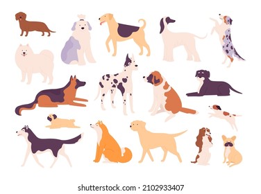 Flat dogs and puppies big and small breed types. Shiba inu, german shepherd, beagle, pug, dachshund and husky. Pet animal dog vector set. Illustration of dogs set character