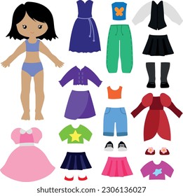 Vector de muñeca plana. Hermosa muñeca de chica con ropa puesta de zapatos, vestido, pantalones cortos, joyas, camiseta. Etiqueta plana para niños