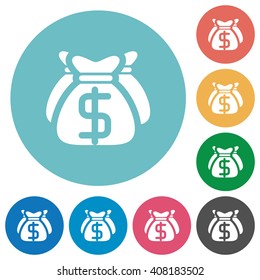 Flat dollar bags icon set on round color background.