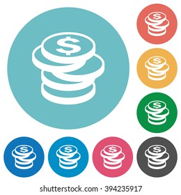 Flat dollar coins icon set on round color background.