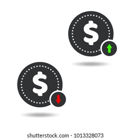 Flat dollar icon isolated on transparent background. Dollar up and down. Money movement. Vector illustration.