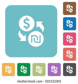 Flat Dollar new Shekel exchange icons on rounded square color backgrounds.