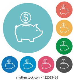 Flat dollar piggy bank icon set on round color background.
