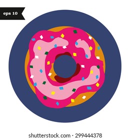 Flat donut with icing icon on a blue circle background with sprinkles. Vector and illustration design.