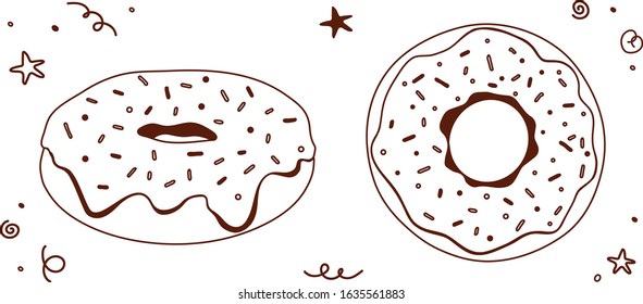 Flat donut set with sweet icing in cartoon style. 
Vector illustration on a white background