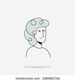 Flat Doodle Avatar Woman Profile With Black And White Line And Blue Color With Sketch Style Of Beauty Face With Elegant And Cartoon Drawing Logo Profile