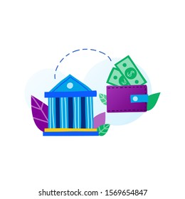 Flat doodle bank icon, wallet with dollar banknotes and leaves in purple, blue, green colors isolated on white background. Money transactions and payments concept.