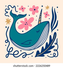 Flat doodle cartoon blue fairytale magic unicorn whale, narwhal hand drawn vector illustration isolated on color background. Sea and ocean character, aquatic marine life art. Floral childish collage