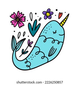 Flat doodle cartoon blue fairytale magic unicorn whale, narwhal hand drawn vector illustration isolated on white background. Sea and ocean character, aquatic marine life art. Floral childish collage