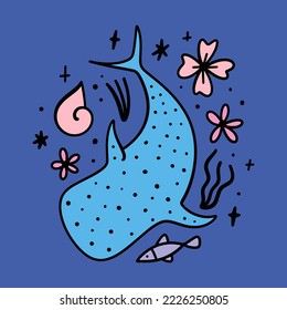 Flat doodle cartoon blue shark whale animal, rhincodon typus hand drawn vector illustration isolated on blue background. Sea and ocean character, aquatic marine life art. Floral childish collage