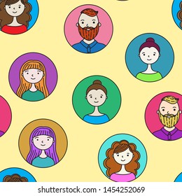 flat doodle characters in round icons. colorful vector seamless pattern. happy people. work team