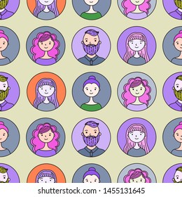 flat doodle characters in round icons. vector seamless pattern. happy people. work team