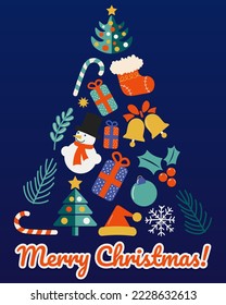 Flat Doodle Christmas Tree Greetings Card vector set