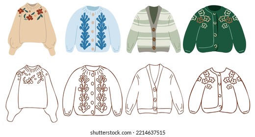 Flat and doodle collection of winter elegant and fashionable clothes, wool jumper, cardigan, jacket. Set of warm sweaters. Vector illustration