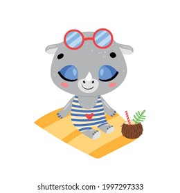 Flat doodle cute cartoon summer rhino sunbathing on the beach. Tropical jungle animals