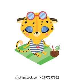 Flat doodle cute cartoon summer leopard sunbathing on the beach. Tropical jungle animals