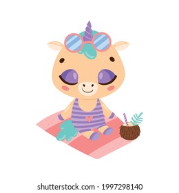 Flat doodle cute cartoon summer unicorn sunbathing on the beach. Tropical jungle animals